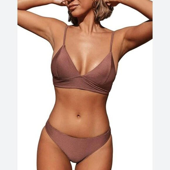 NEW Cupshe Ribbed Triangle 2 Piece Bikini Women‎ Medium Brown Solid Vacation - Picture 1 of 13